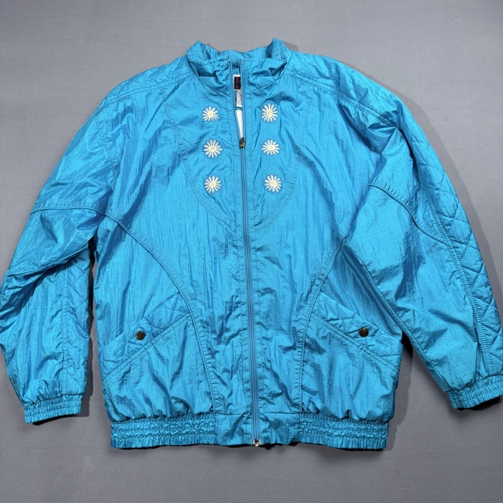 Vintage 80s Bold Spirit Turquoise‎ Floral Nylon Zip Up Jacket Women's Medium